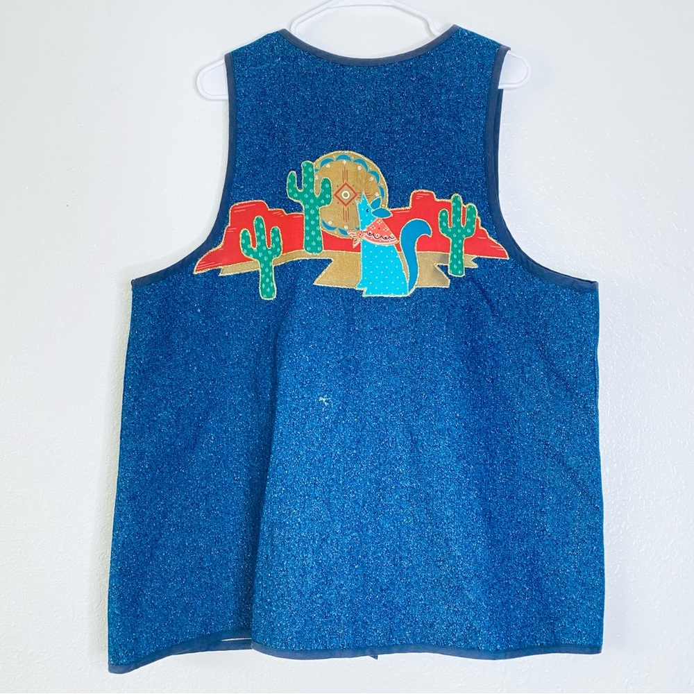 Hand Made Bobo Southwestern Cactus Coyote Appliqué Denim Open Front Vest 2X